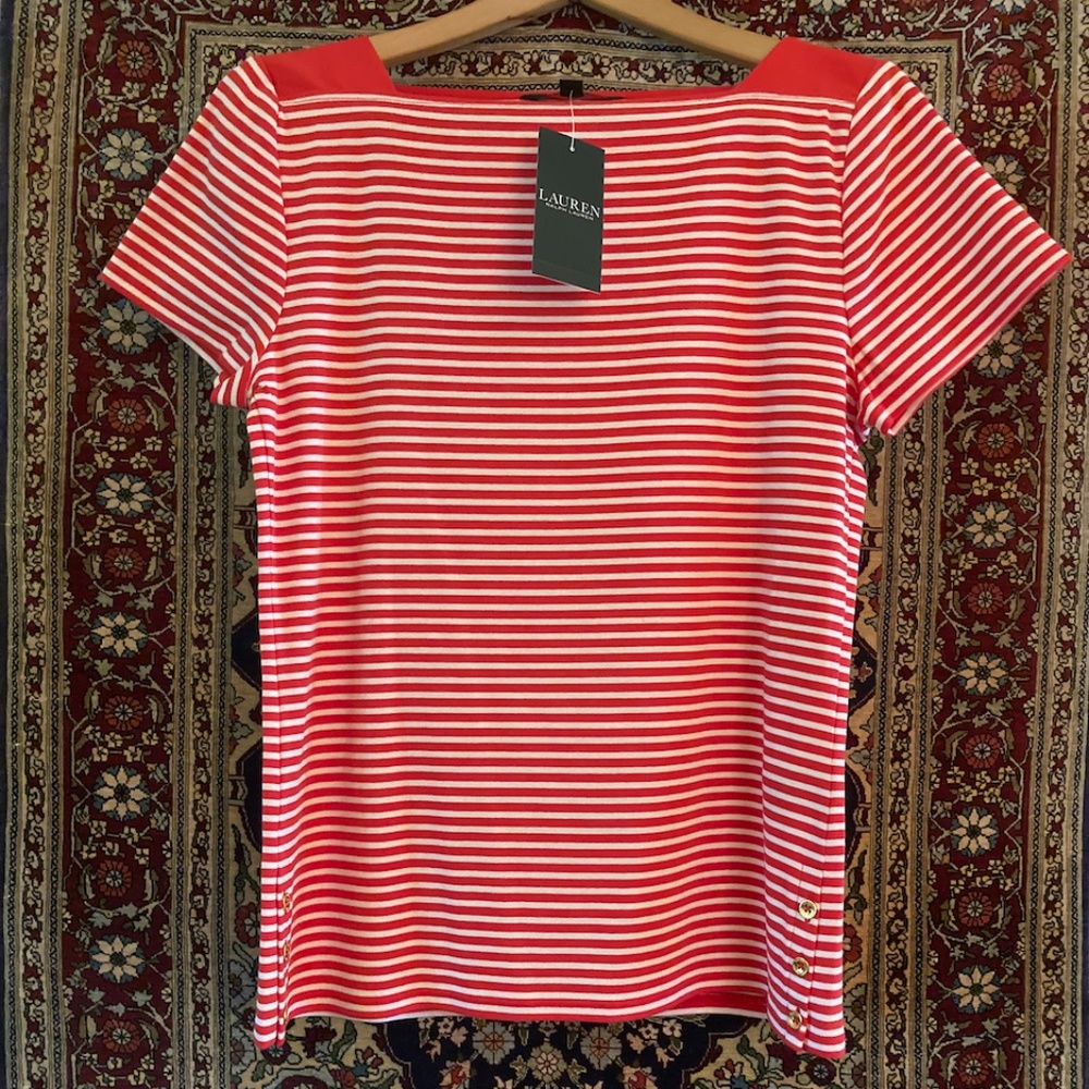 NWT - XL - Lauren Ralph Lauren Red & White Striped Top - Monogram & Gold Buttons